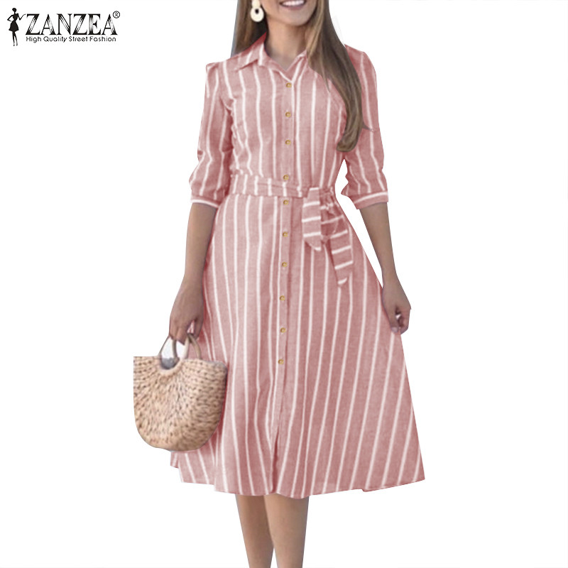 Zanzea ผู้หญิง Vintage Commute Leisure Turn-Down-Collar Lace Up Midi A-Line Shirtdress
