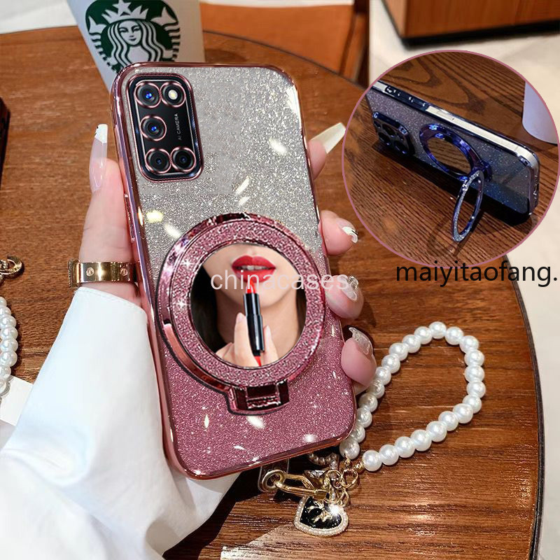 เคสสําหรับ OPPO A52 OPPO A92 วงเล็บแม่เหล็กหรูหรา TPU แฟลชกระจกแต่งหน้าแบบนิ่ม + สร้อยข้อมือเคสโทรศัพท์