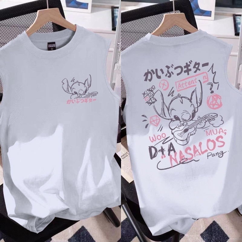 NEW แขนกุดผู้หญิง เสื้อแขนกุดลายสติช สีขาว สกรีนลายหน้า-หลัง OP-1061