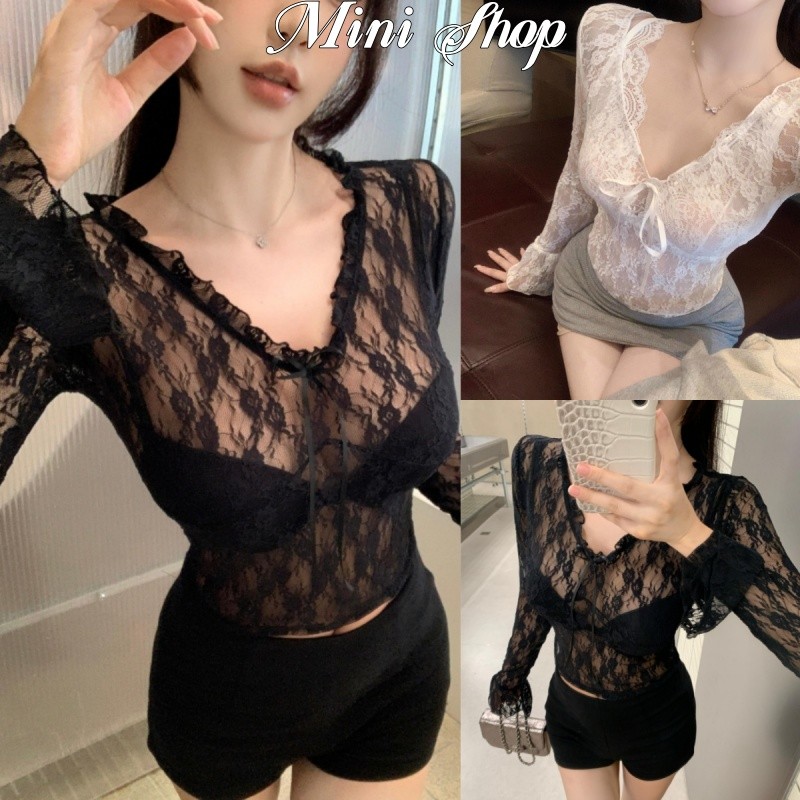 Mini shop พร้อมส่ง (61655)เสื้อคอกลม แขนยาวน่ารักมาก ดีเทลซีทรูบางเบาเซ็กซี่ ใส่สบาย