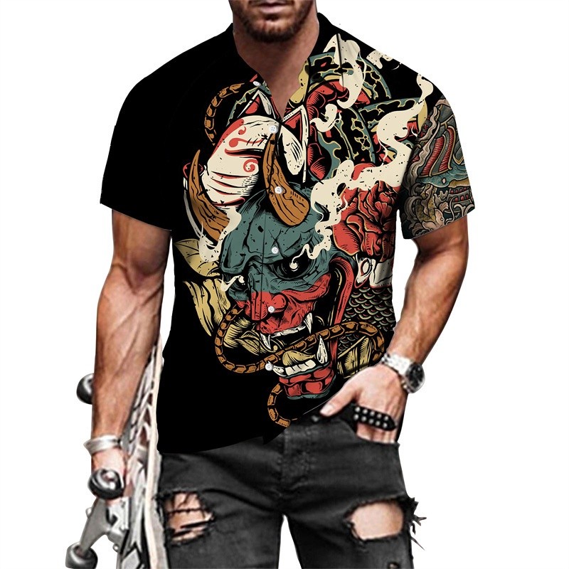 เสื้อคาร์ดิแกนแขนสั้น ปก พิมพ์ลายสักหน้ากากนักรบโอนิ สไตล์เรโทร เหมาะกับผู้ชาย