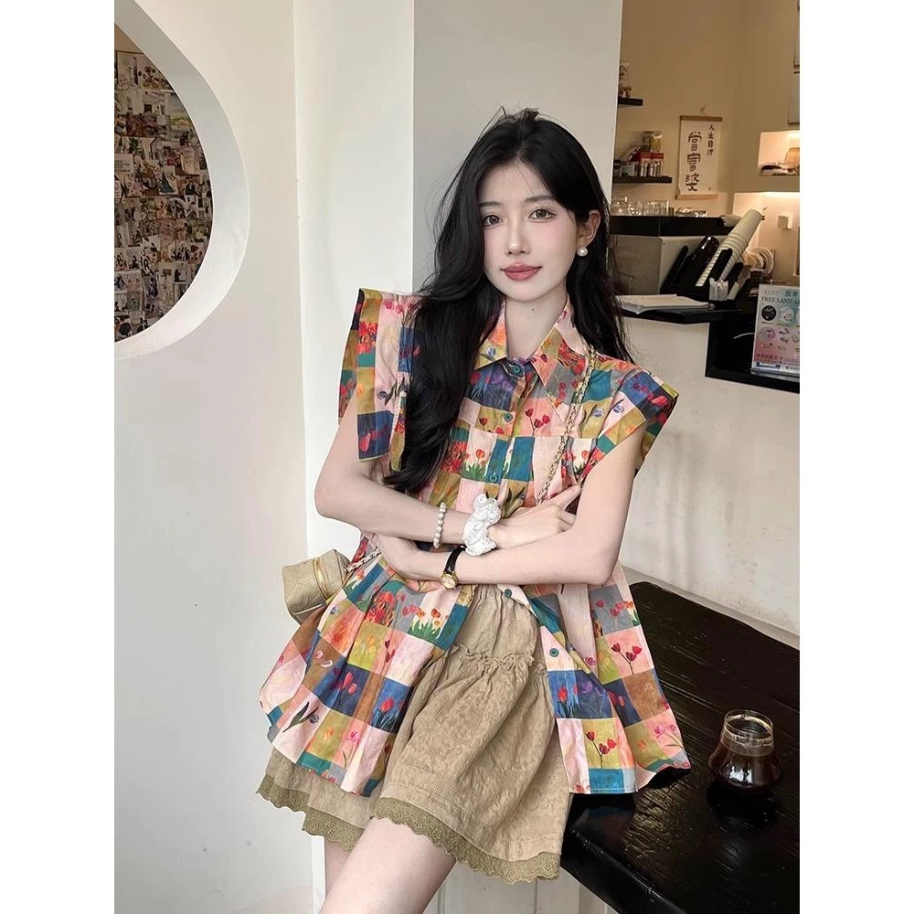 Chili Koko เสื้อเชิ้ตทรงหลวมแขนสั้นลายดอกไม้สไตล์ฝรั่งเศส w579 thumbnail 5