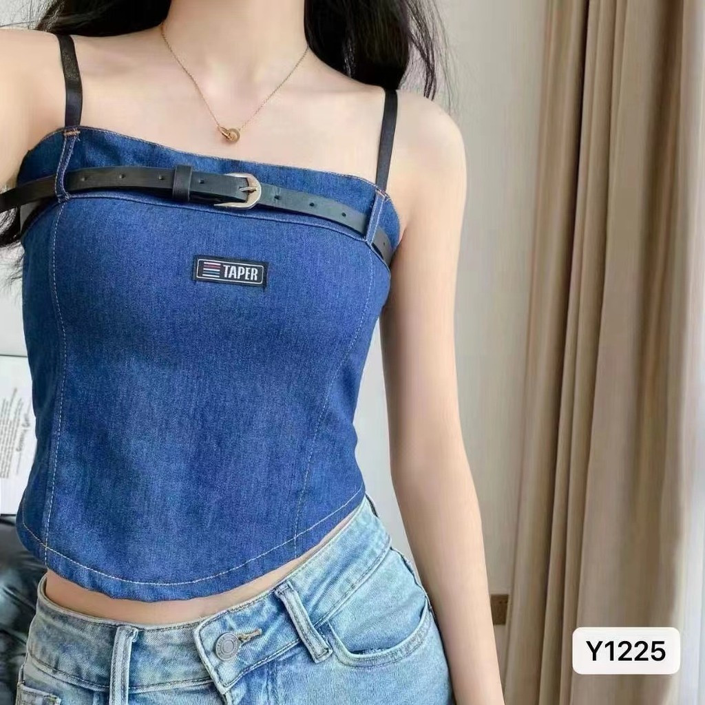 ฤดูร้อนสไตล์ใหม่ Retro หวานเผ็ดเข็มขัดเย็บ Tube Top Denim Slings Match ของเรา 7J3D RU6W