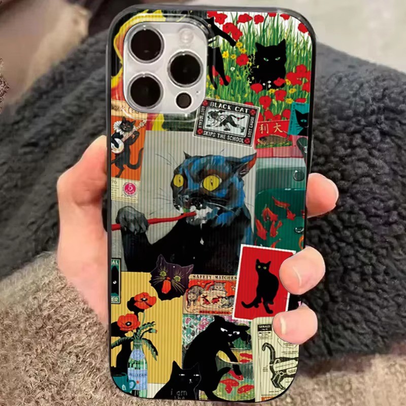 เกาหลีตลกแมวดํารูปแบบเคสโทรศัพท์สําหรับiphone 16 15 14 13 12 11 Pro Max 7 8 Plus X XR XS 16Eกันกระแทกนุ่มGlossyสีดําฝาครอบโทรศัพท์
