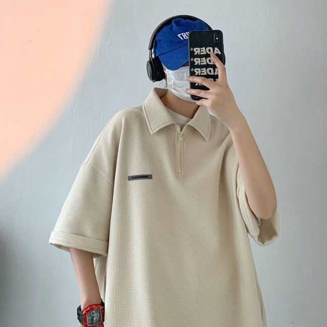 M＆M เสื้อโปโล ผ้าวาฟเฟิล เสื้อยืดมีซิป สไตล์วิทยาลัย ผ้าฝ้ายวาฟเฟิล สบายๆ กีฬาและสันทนาการ เสื้อผ้าคู่รัก - รูปที่ 3