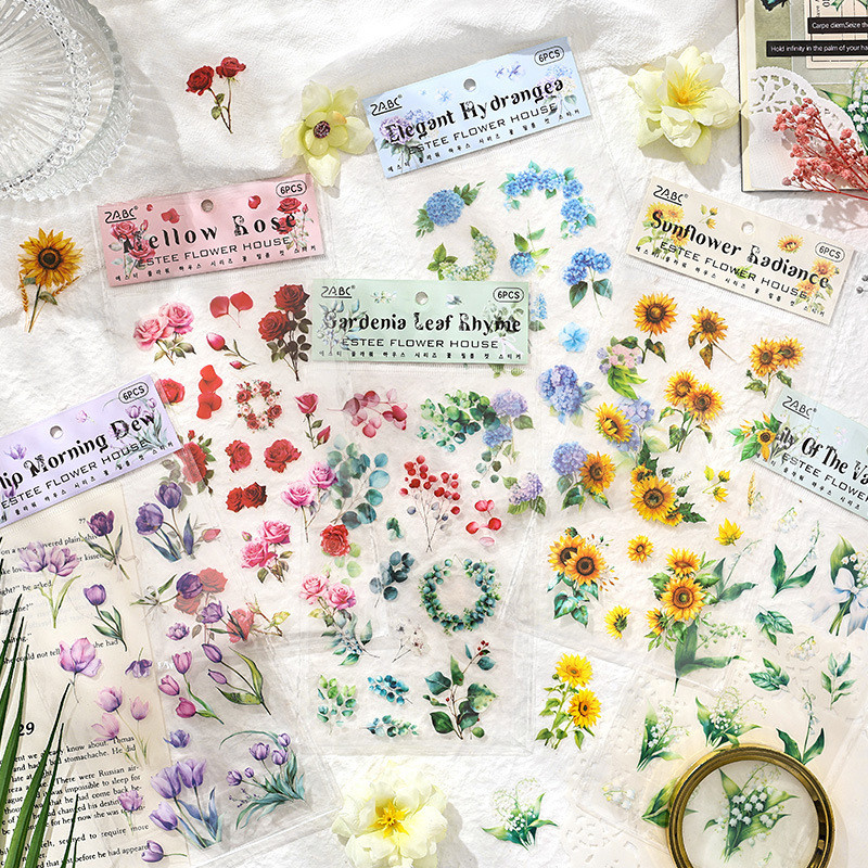 6 แผ่น Elegant Flowers Hourse Series สติกเกอร์ PET Journal Deco DIY สติกเกอร์