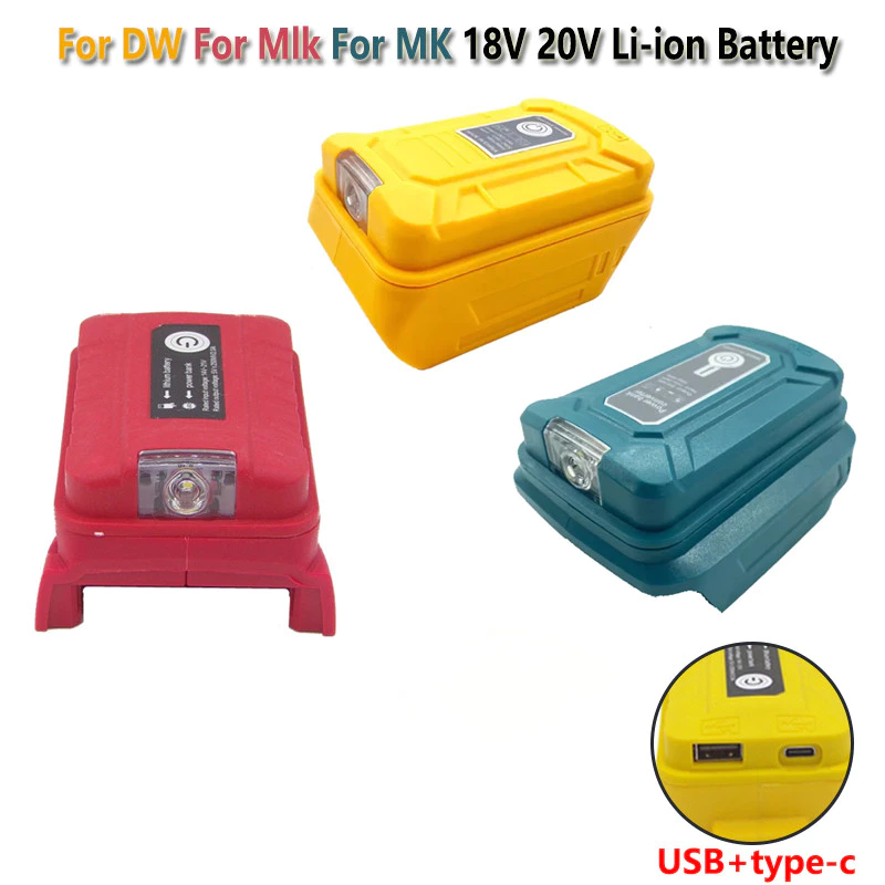 Usb + type-c อะแดปเตอร์แบตเตอรี่เอาต์พุตสําหรับ Makita/DeWalt/Milkwaukee 18V20V แบตเตอรี่ Li-ion พร้อมไฟ LED Power Bank เครื่องชาร์จโทรศัพท์