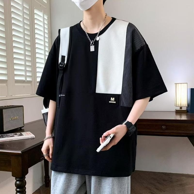 M-8xl Fat Man แฟชั่นสีบล็อกด้านบนผู้ชายขนาดบวกเสื้อยืดลําลองหลวมแขนสั้นขนาดใหญ่ Tee - รูปที่ 3