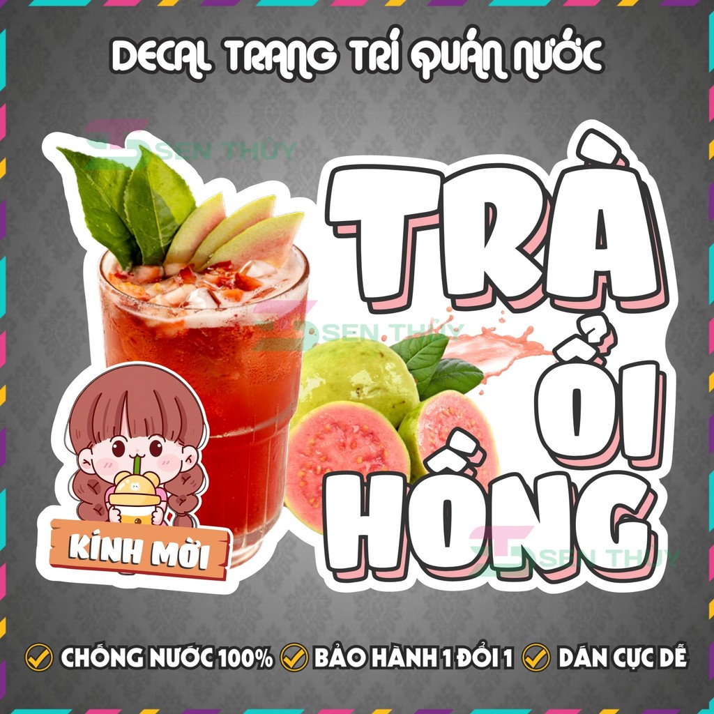 PINK GUAVA TEA Decal - ร้านอาหารตกแต่งรูปลอกติดผนัง ชานม ร้านกาแฟ - กันน้ํา กันแดด ตัดสําเร็จ - DCQ0