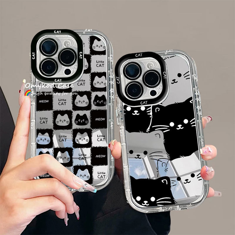 SAMSUNG หรูหราครีมกระจกสําหรับsamsung A05 A05S A15 A14 A13 A12 A55 A54 A51 A35 A34 A32 A25 A24 เคสโทรศัพท์Insน่ารักแมวดําAnti Dropกันกระแทก