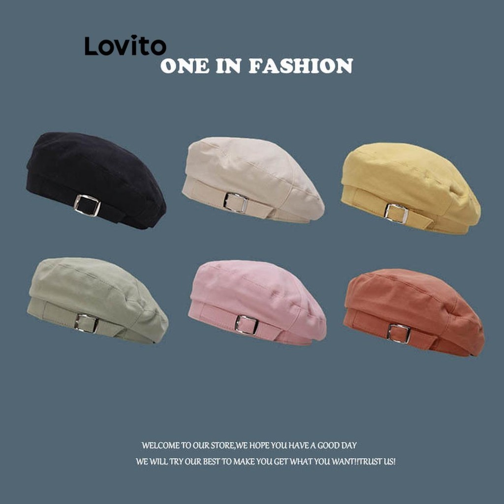 Lovito หมวกเบเร่ต์ผู้หญิง แต่งโลหะ สีพื้น แนวอังกฤษย้อนยุค สไตล์ลำลอง LFA19997
