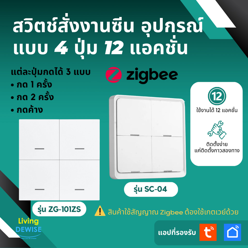 Tuya Zigbee Battery Switch แป้นสวิตช์ไร้สายแบบใช้ถ่าน Zigbee เอาไว้สั่ง Scene, Automation ต้องใช้กับเกตเวย์