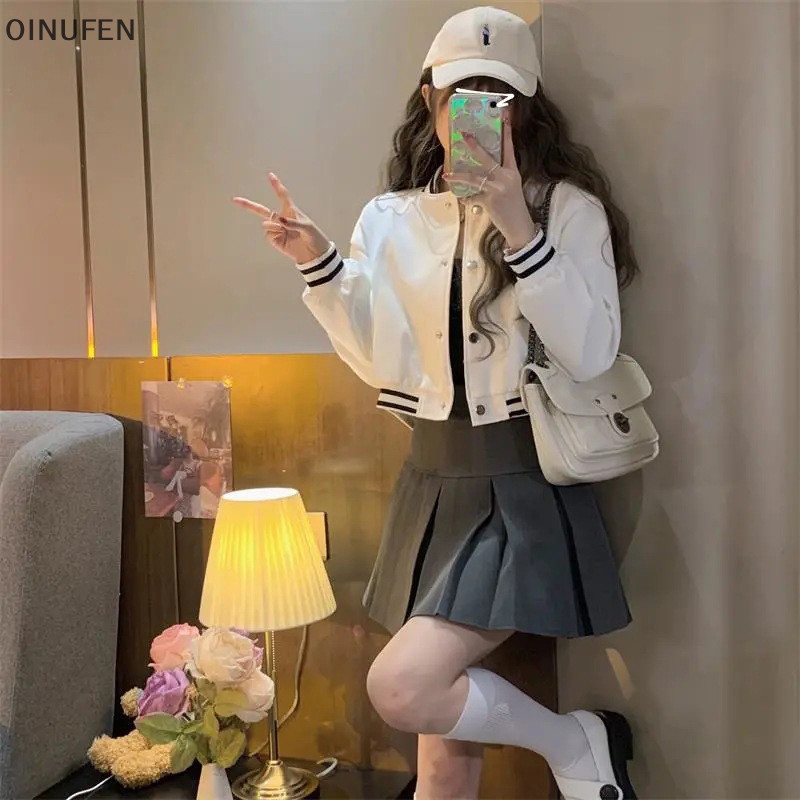 Onu เสื้อแจ็กเก็ตเบสบอล แขนยาว คอปกตั้ง กระดุมแถวเดียว สําหรับผู้หญิง FEI