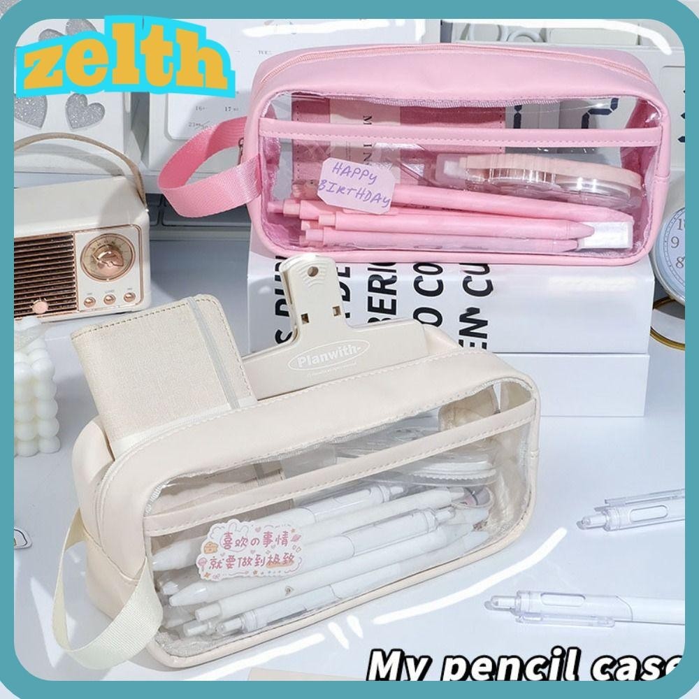 Zelth กระเป๋าดินสอ อเนกประสงค์ จุของได้เยอะ แบบพกพา สีโปร่งใส สําหรับใส่เครื่องเขียนนักเรียน