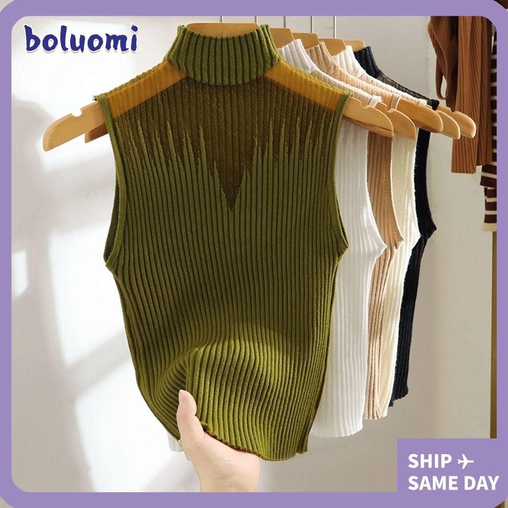 Boluomi เสื้อกล้าม คอเต่า ครึ่งตัว กลวงออก สีพื้น เสื้อกล้ามผ้าโปร่ง แขนกุด ผ้าโปร่ง เสื้อกั๊กสั้น ผู้หญิง
