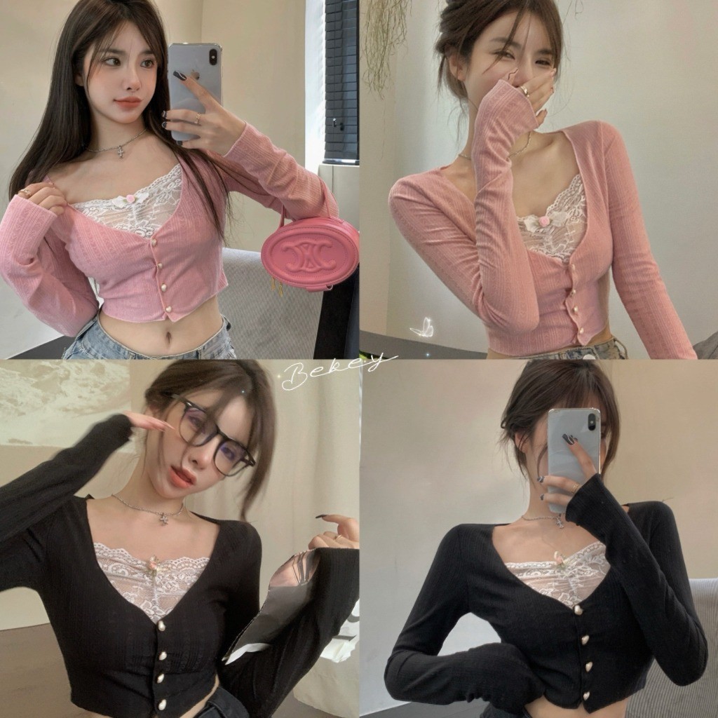 (พร้อมส่งจากกรุงเทพ🇹🇭) เสื้อคาร์ดิแกนคอวีผู้หญิง เสื้อถักนิตติ้งทรงบางประดับลูกไม้ เสื้อยืดแขนยาว Z035