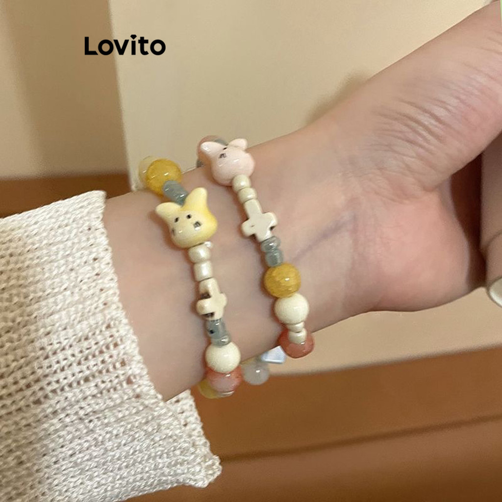Lovito สร้อยข้อมือลูกปัด แต่งจี้กระต่าย สไตล์น่ารัก สำหรับผู้หญิง LFA23085
