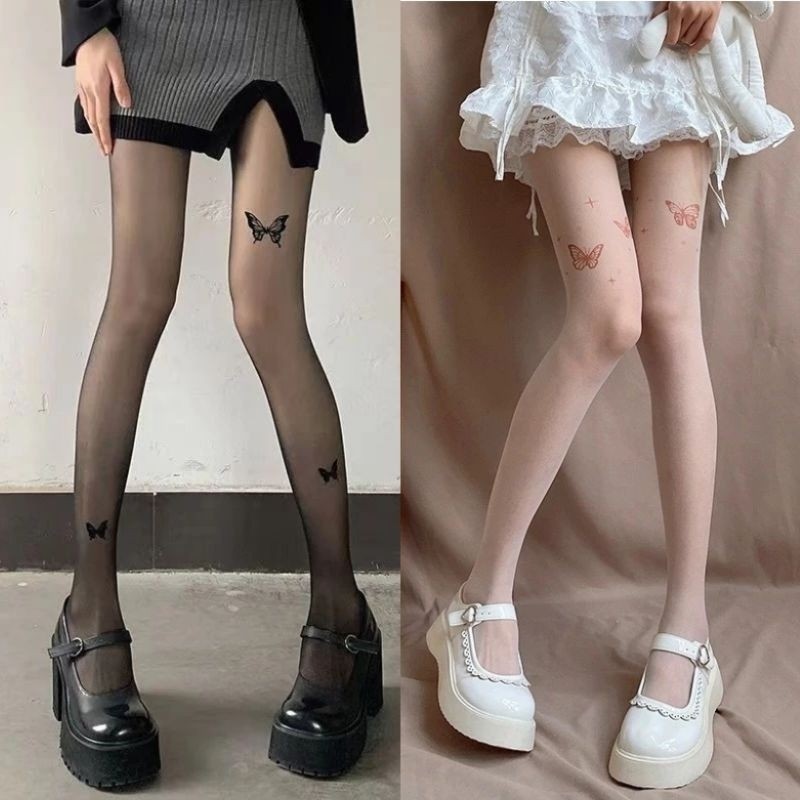 ถุงน่องแฟชั่นสตรี การตกแต่งผีเสื้อ เซ็กซี่ บางพิเศษ ถุงน่องโลลิต้าJK