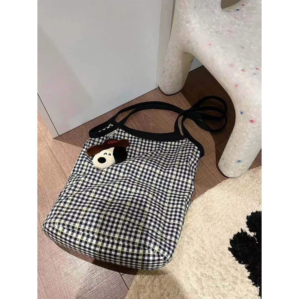 Exclusive Little Red Book Same Style Checked Canvas Bag ins High-value Retro Tote Bag All-match Large-capacity Student Shoulder Bag