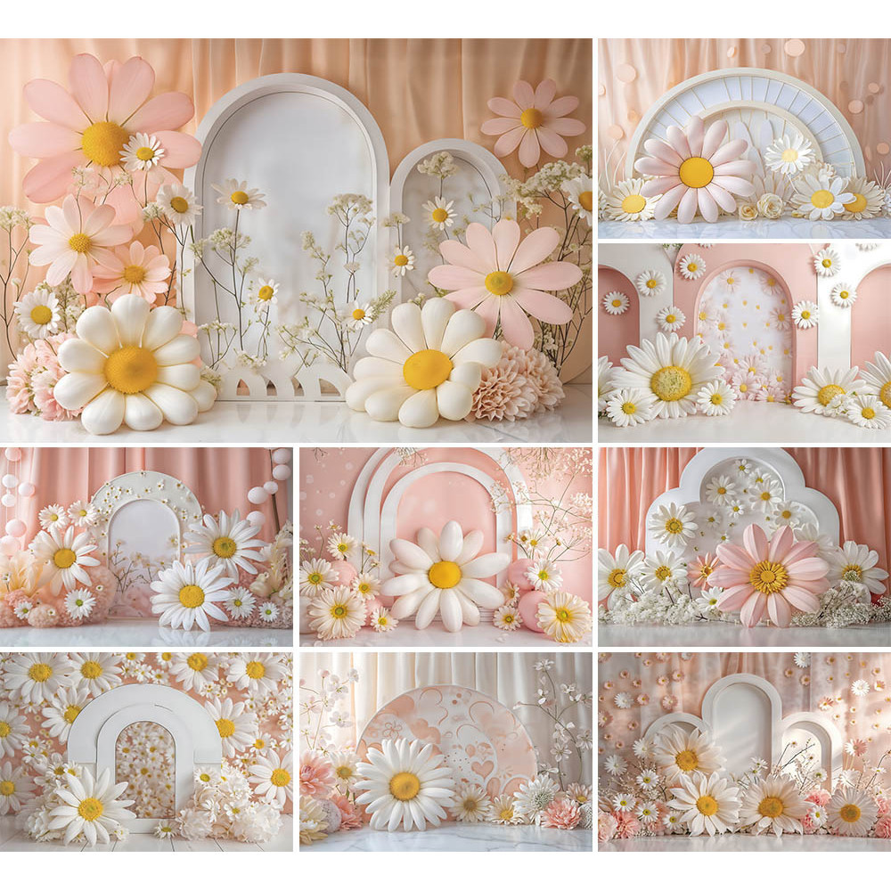 การถ ่ ายภาพฉากหลังสีชมพู Daisy ผ ้ าม ่ านตกแต ่ งสําหรับทารกแรกเกิดวันเกิด Party Arch ประตูเค ้ ก Smash พื ้ นหลัง Props