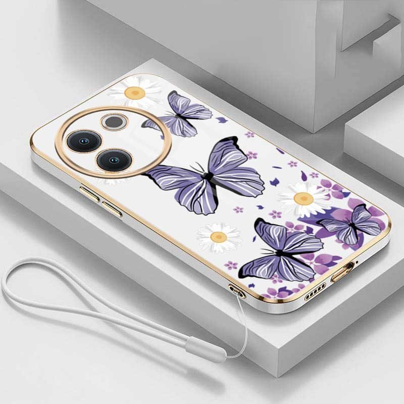 Vivo V30e Little Daisy Luxury Butterfly Flower Casing Square Edges Plating Back TPU Soft Case with Lanyard Cover