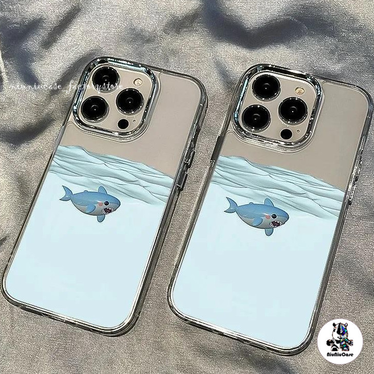 สำหรับ iPhone 13 12 14 11 15 Pro Max XR X Plus XS SE 7 การ์ตูนฉลามว่ายน้ำรูปแบบโลหะกรอบรูปโทรศัพท์กันกระแทกและกันกระแทก