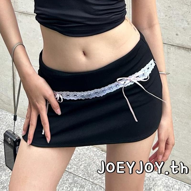 Joeyjoy-ผู้หญิงbodyconกระโปรงลูกไม้patchwork Bow Bandage Casualฤดูร้อนกระโปรงมินิยืดหยุ่นสําหรับปาร์ตี้วันหยุด