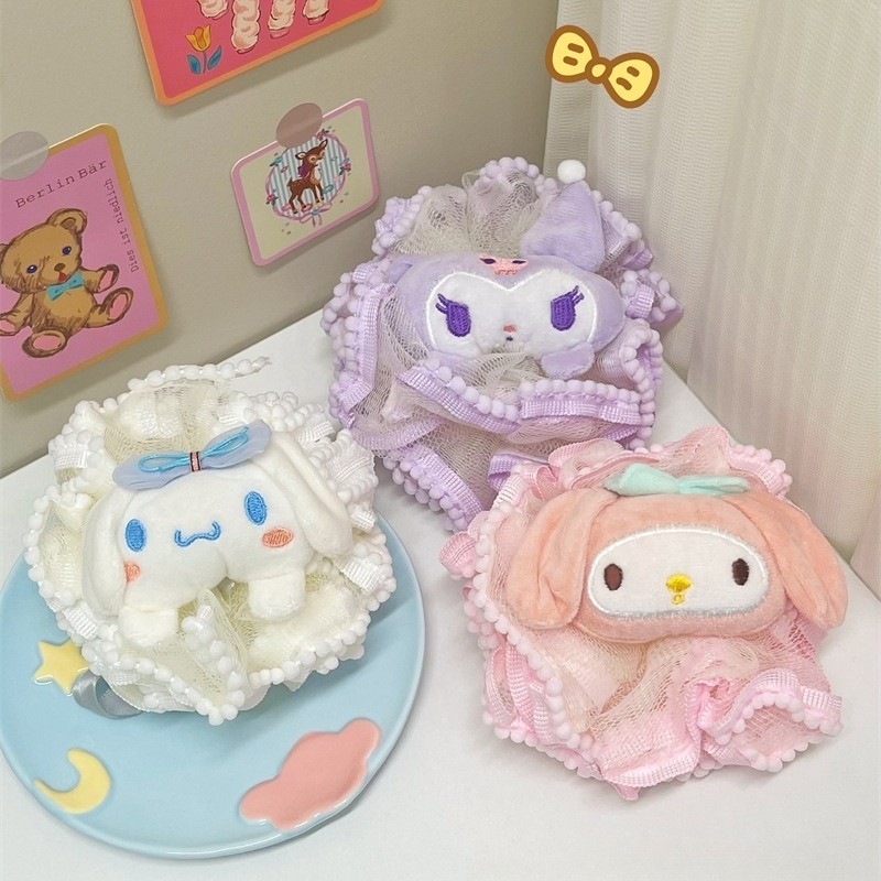 การ์ตูนน่ารัก Kuromi My Melody Cinnamoroll ฝักบัวตาข่าย Soft Puff Ball Body Wash Exfoliator แปรงฟองน้ําผิวรูขุมขน Scrubber ทําความสะอาด