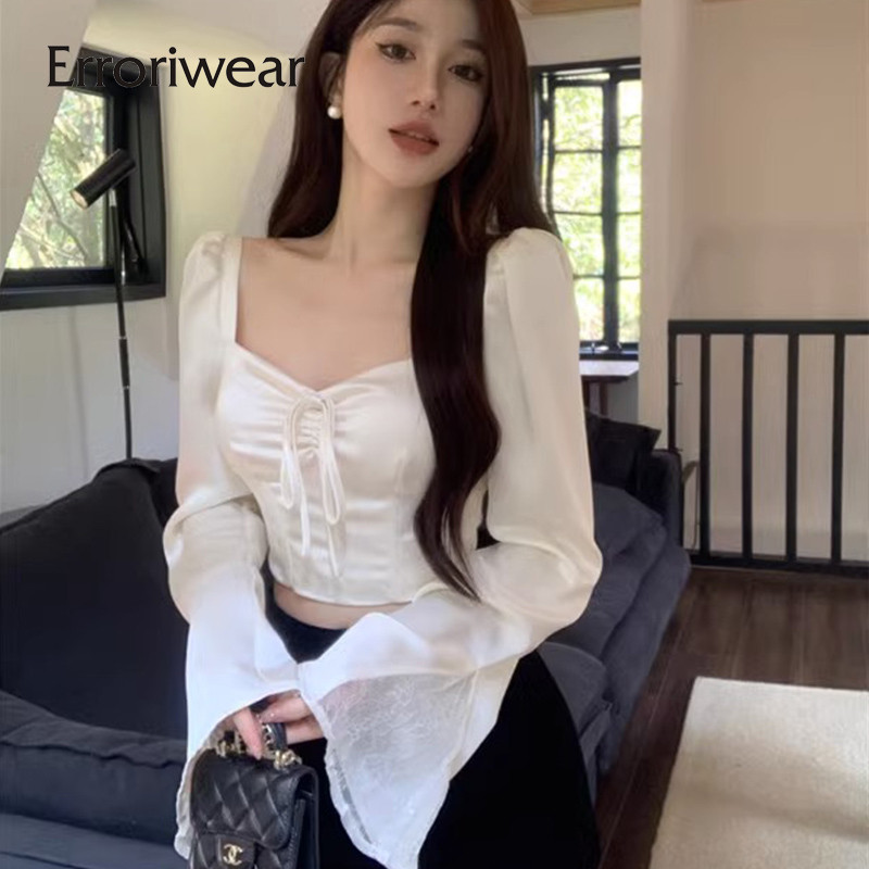 Erroriwear เสื ้ อผู ้ หญิง 2024 แฟชั ่ นคอเหลี ่ ยมสีทึบสาเหตุสลิมฟิตแขนยาวด ้ านบน