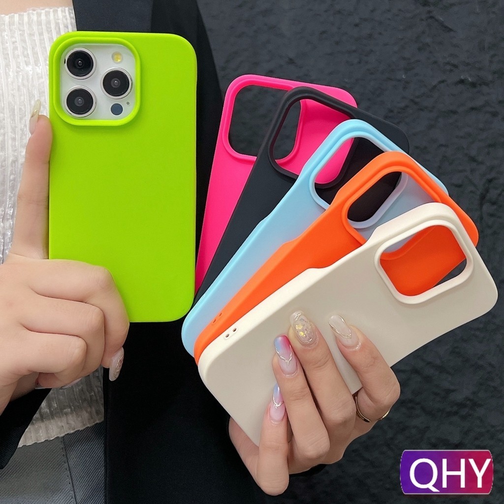 Qhy - เข้ากันได้กับเคส iphone 16 15 11 12 13 14 plus pro X XR max ปุ่มกลวงออกหลากสี Bright Colourful Solid สีเขียวเข้มสีชมพูสีขาวสีฟ้าสีส้มซิลิโคนอ่อนนุ่ม