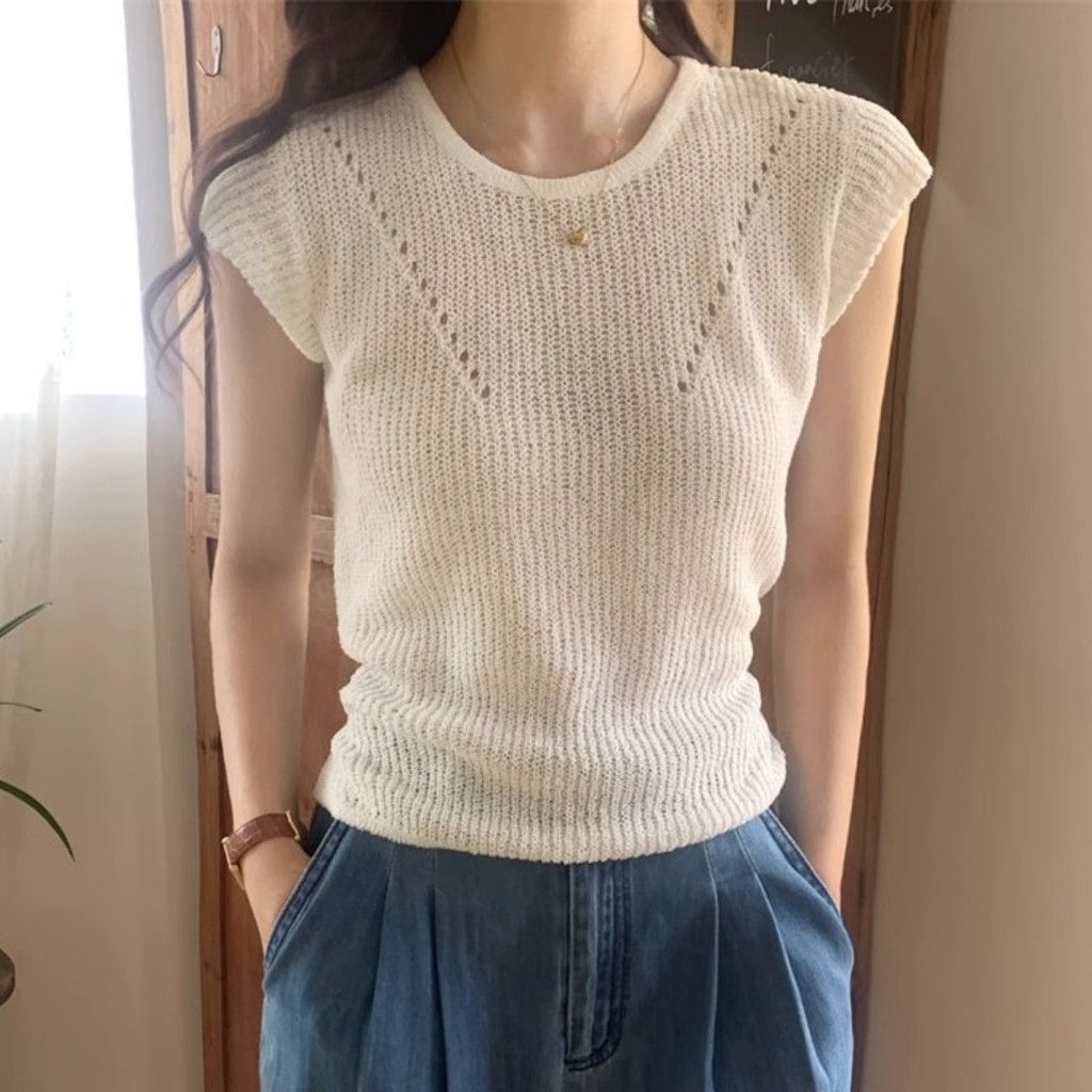 Balamy เวอร์ชั่นเกาหลีการออกแบบความรู้สึกกลับเอว Lace-Up เสื้อหวานเผ็ดแขนกุด Waistless Hollow Scheming ขนาดเล็กถักผ้าไหมน้ําแข็งด้านบน