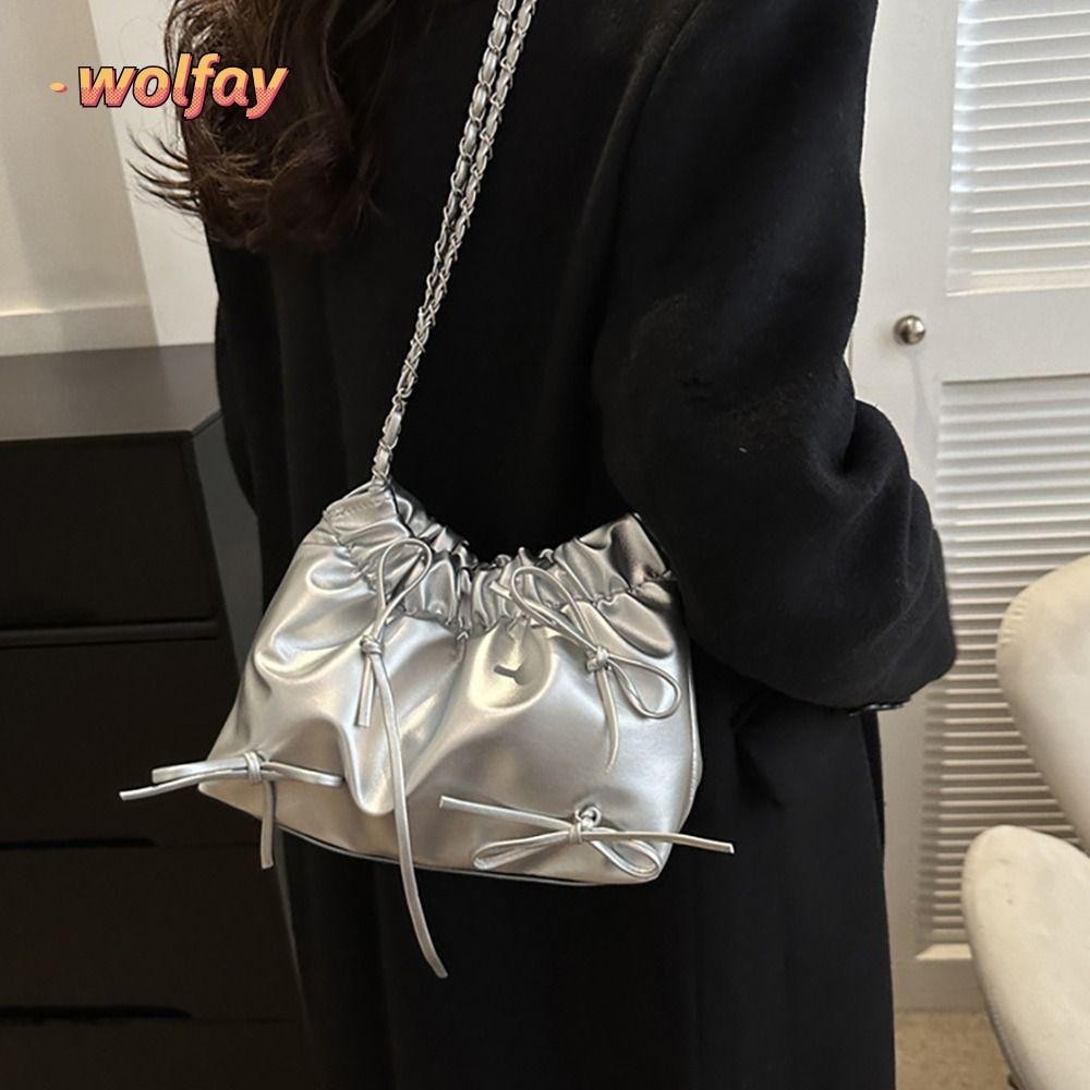 Wolfay Plain Pleated Bag, All-match One-sided Pleated Design Women 's Shoulder Bag, Fashion Casual Plain PU Leather Small Bucket Bag Women
