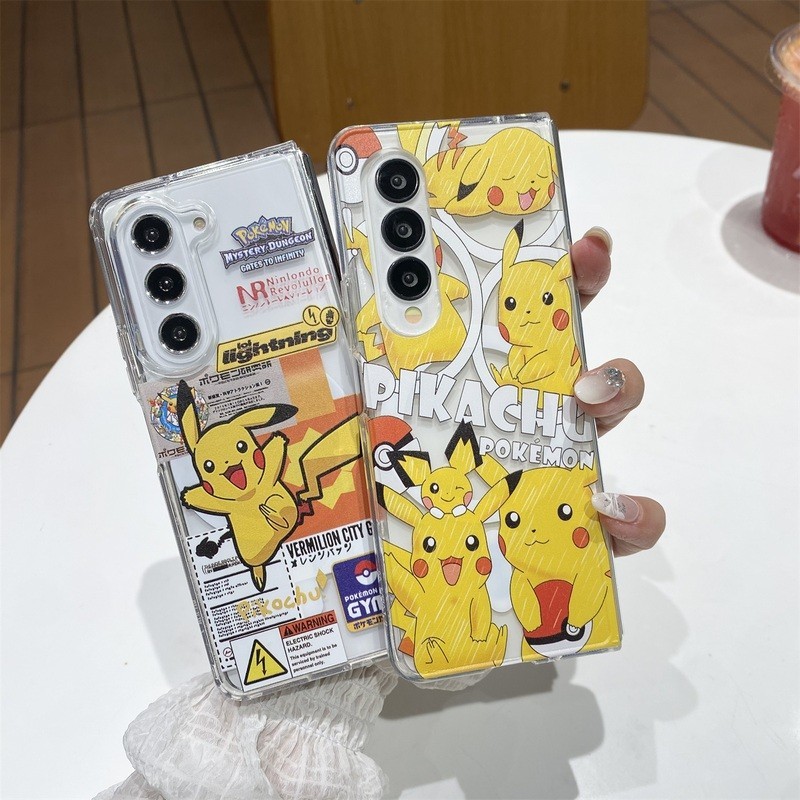 รองรับการชาร์จไร้สาย Pokemon Pikachu Magnetic Clear Hard Case สําหรับ Samsung Galaxy Z พับ 5 6 4 3 Fold3 Fold4 Fold5 Fold6 5G กันกระแทกฝาครอบโทรศัพท์ปลอก