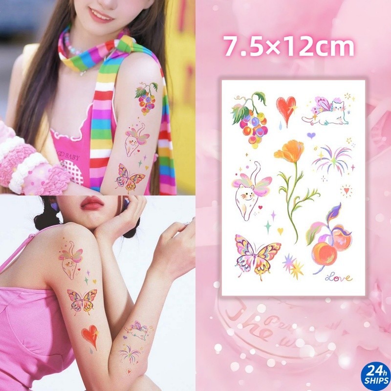 รอยสักลายองุ่นสีสันสดใสสาวน่ารักมือกลับสักสติกเกอร์รอยสักกันน้ําติดทนนาน 7 วัน 7.5x12 ซม. รอยสักปลอมชั่วคราว