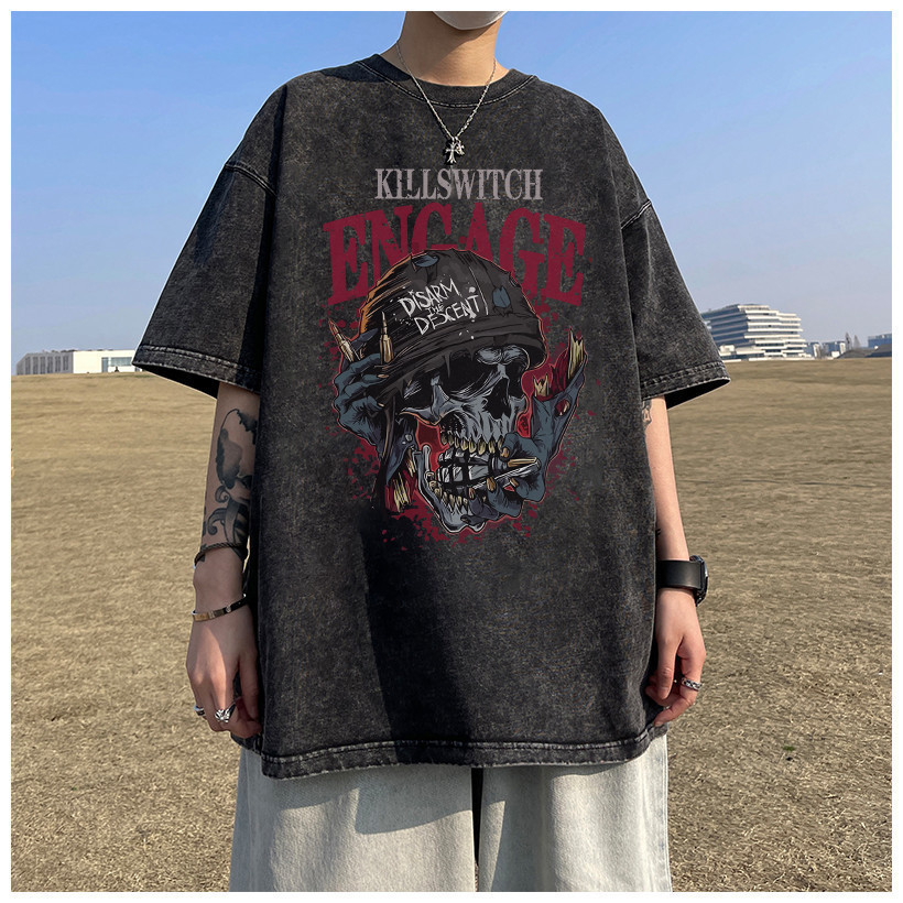 （จัดส่งตลอด 24 ชั่วโมง）HY trendy menswear เสื้อยืดฟอก oversize เสื้อยืดชายเท่ๆ ด้านบนคอกลมผ้าฝ้ายแฟชั่นสีดำ T1285