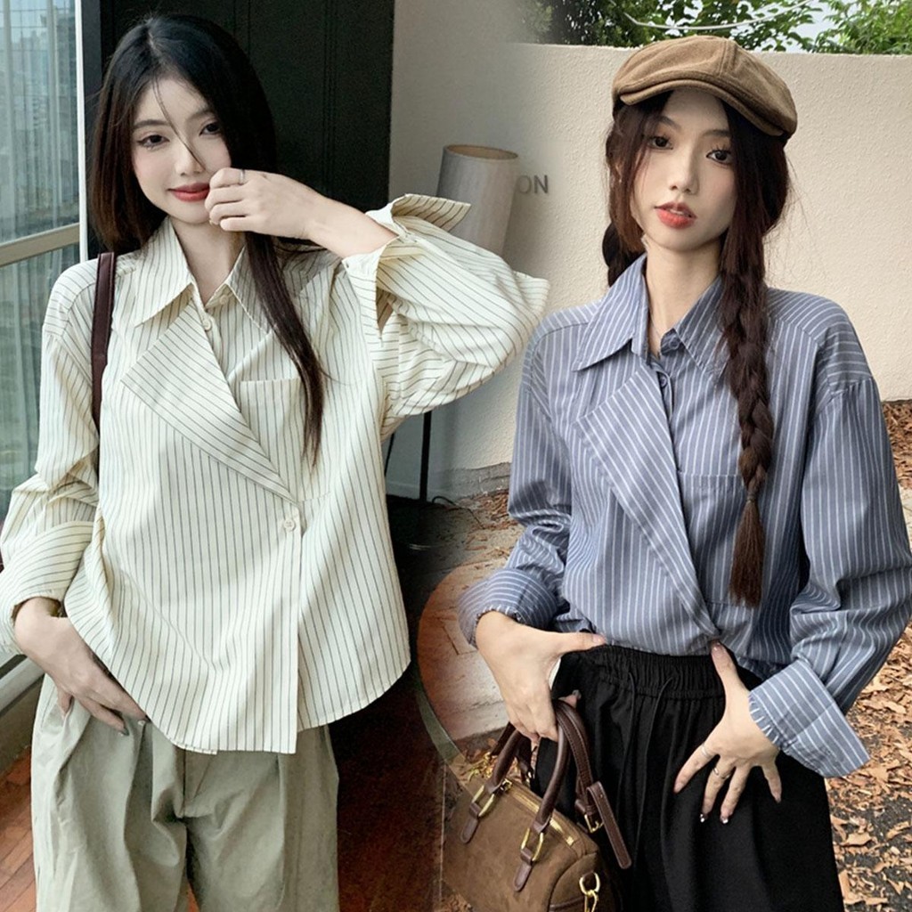 MIMI&DIDI#เสื้อเชิ้ตแขนยาวลายทางแฟชั่นผู้หญิง เสื้อสไตล์เกาหลี คอปกสวยมาก สไตล์ลำลอง#W406