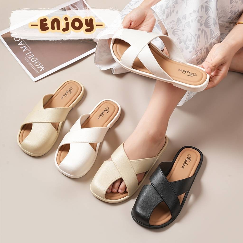 EnJoy พร้อมส่ง (LT-5102) รองเท้าแตะสวม สีพื้น ดีเทลสายไขว้ ใหม่2024 กำลังดีใส่สบาย