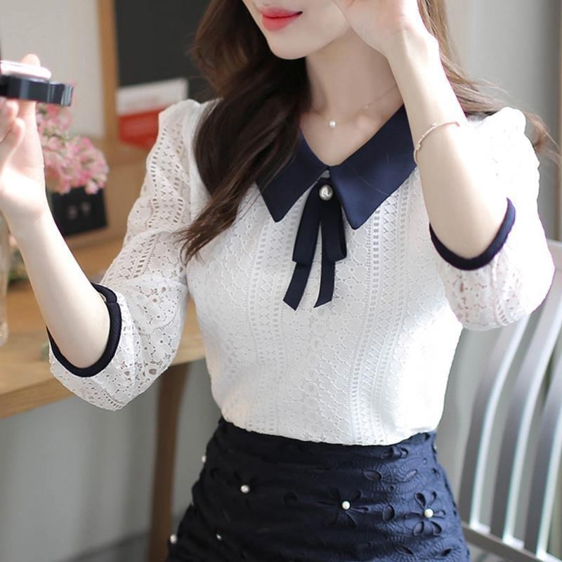 🌸Breeze🌸M-4XLโบว์ เสื้อคอปกแบบสวม ผ้าลูกไม้ลายฉลุ มีซับใน แขนสี่ส่วน สาวอวบใส่ได้🌸(จัดส่ง 24 ชั่วโมง)🌸