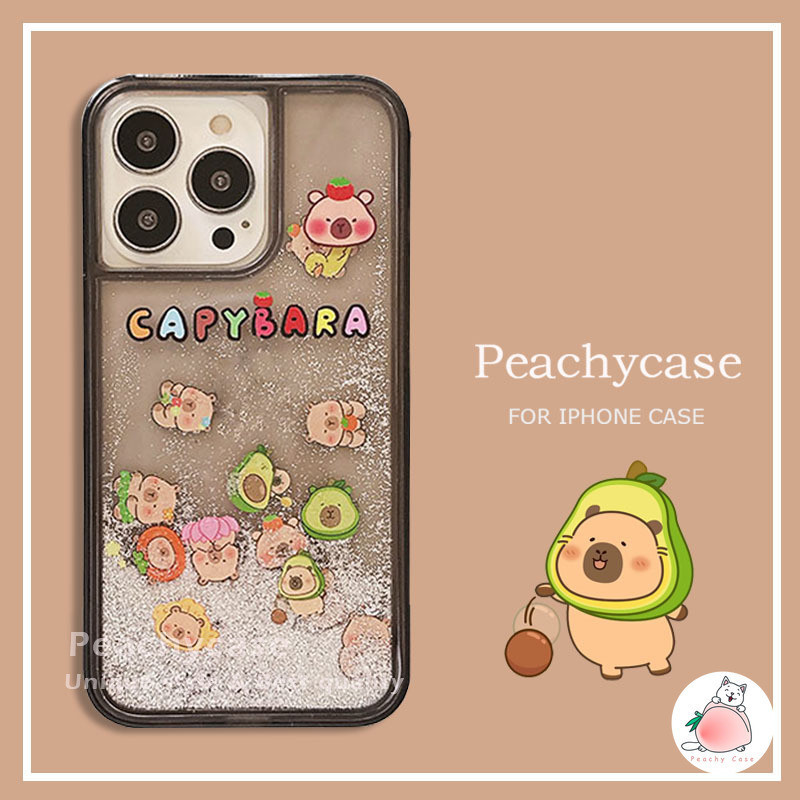 น ่ ารัก Avocado Capybara Glitter Quicksand เคสโทรศัพท ์ สําหรับ iPhone 15 14 13 12 Pro Max 11 โปร ่ งใสสีดํา Hard Back Cover Shock Proof Mobile Casing