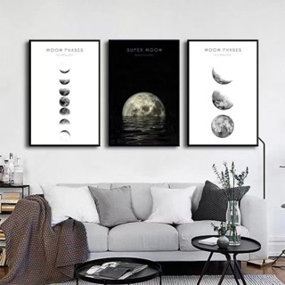 อาร์ตเวิร์คสีขาวดำแบบดวงจันทร์ สำหรับผนังห้องนอนและห้องนั่งเ…