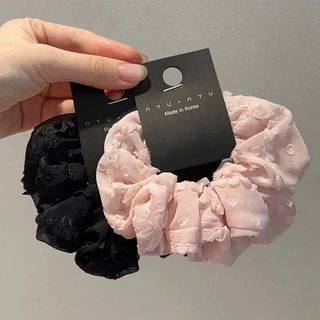 2024 แฟชั่นสีทึบผ้ากอซลูกไม้ Scrunchy Hair Tie