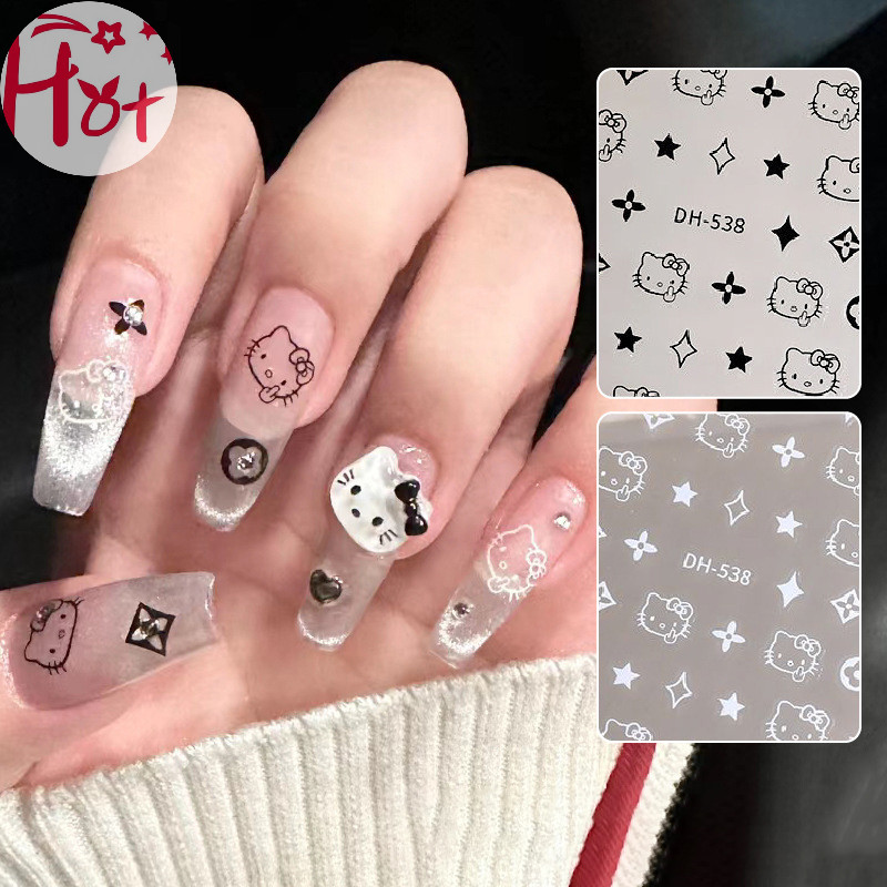 Ge Sanrio HelloKitty 3D สติ๊กเกอร์ติดเล็บสติ๊กเกอร์ติดเล็บสําหรับเล็บ KT Cat Bow Star เล็บ DIY Happy อุปกรณ์เสริม DIY เล็บ Patch Square