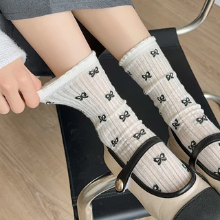 ในไทย-พร้อมส่ง✨ถุงเท้าข้อยาว ประดับโบว์ Insสไตล์เกาหลี หวาน แฟชั่นสําหรับผู้หญิง บางระบายอากาศ ฤดูร้อน ฉลุลาย2024ใหม่-Mo