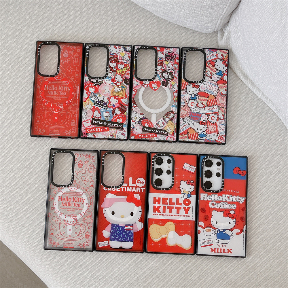 Casetifg Hello Kitty ครบรอบ 50 ปีชาร์จแม่เหล็กกันกระแทกเคสโทรศัพท์พร้อมกล่องสําหรับ Samsung Galaxy S22 S23 S24 Ultra S24 Plus Soft Side Fon Protect Clear Hard PC ฝาหลัง