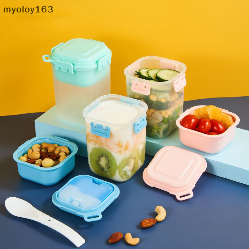 Myoloy แบบพกพา Bilayer ชามสลัดอาหารเช้าถ้วยพลาสติกช้อนที่ถอดออกได้ซีลการเก็บรักษาสําหรับการจัดเก็บนมผลไม้ข้าวโอ๊ต TH