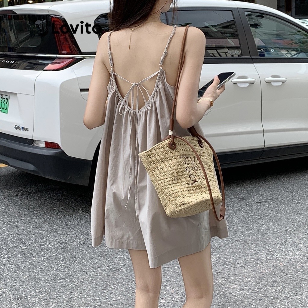 Lovito จั๊มสูท ผูกหลัง สีพื้น สไตล์ลำลอง LNE37118 (สีเทาอ่อน)