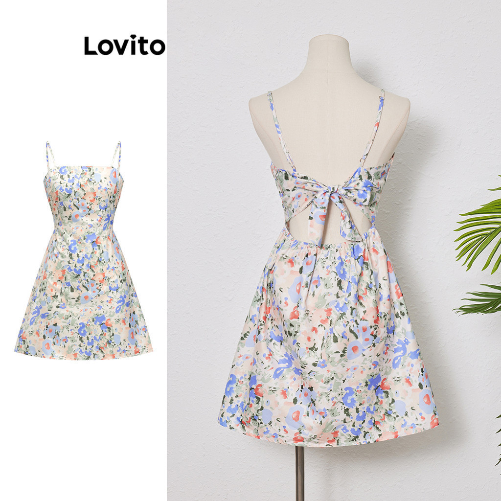 Lovito ชุดเดรสผู้หญิง ผูกเชือกหลัง พิมพ์ลายทรอปิคอล สไตล์โบโฮ L80ED326(หลากสี)