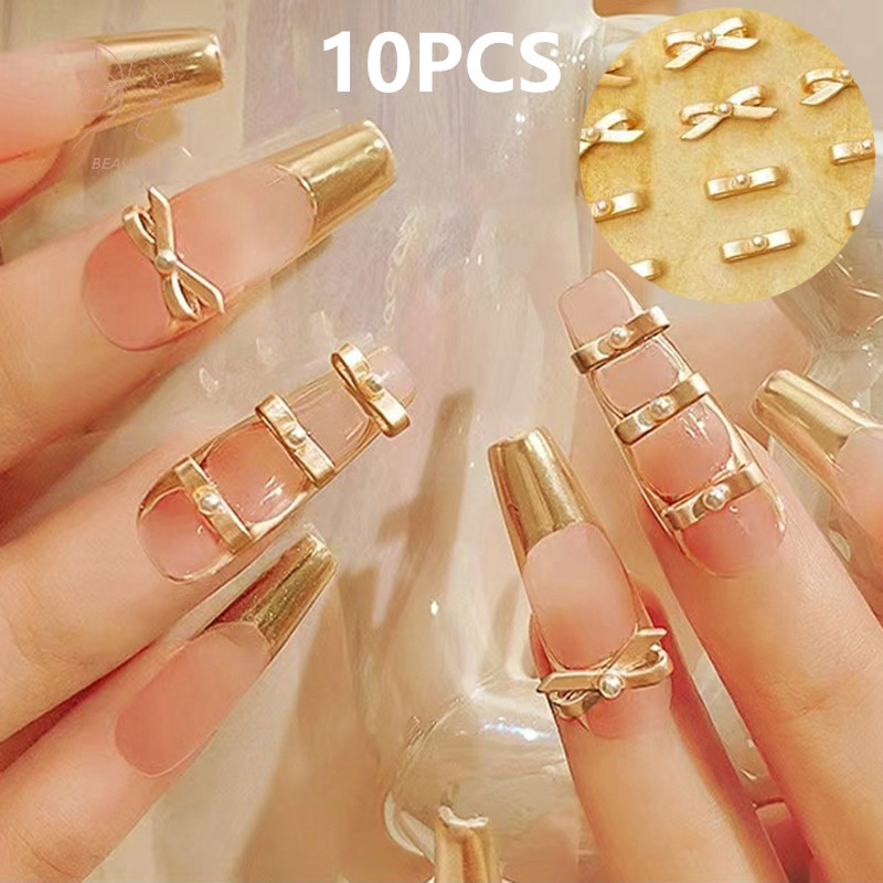 [maybeauty] 10pcs Gold Silver Ballet Ribbon Nail Charm 3D Pearl Ballerina Alloy Bows Ribbon Nail Decor Parts DIY Retro French Nail Art Parts {TH}