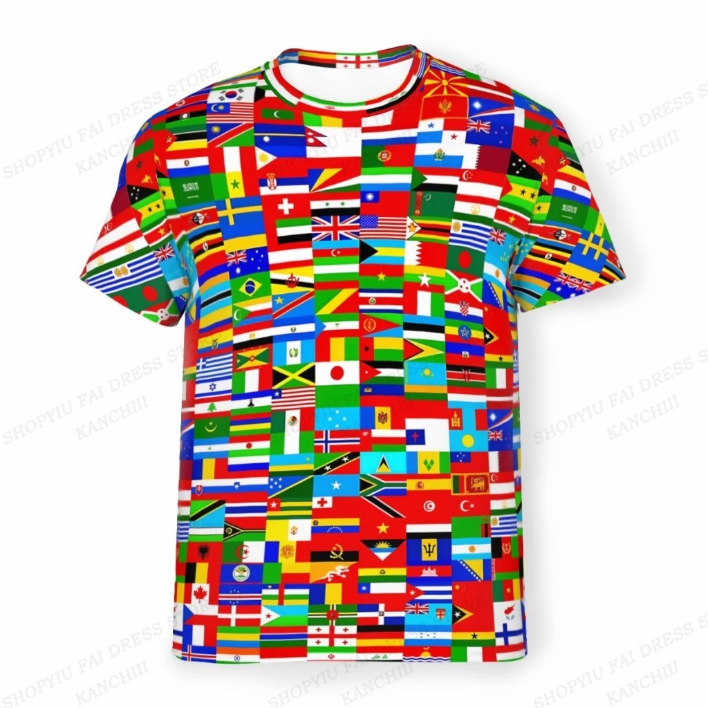 ธงเสื้อยืดสําหรับผู้ชายและผู้หญิง 3ง โลก ธงฤดูร้อนพิมพ์เสื้อยืดแฟชั่นเสื้อแขนสั้นสําหรับเด็กเสื้อยืดส