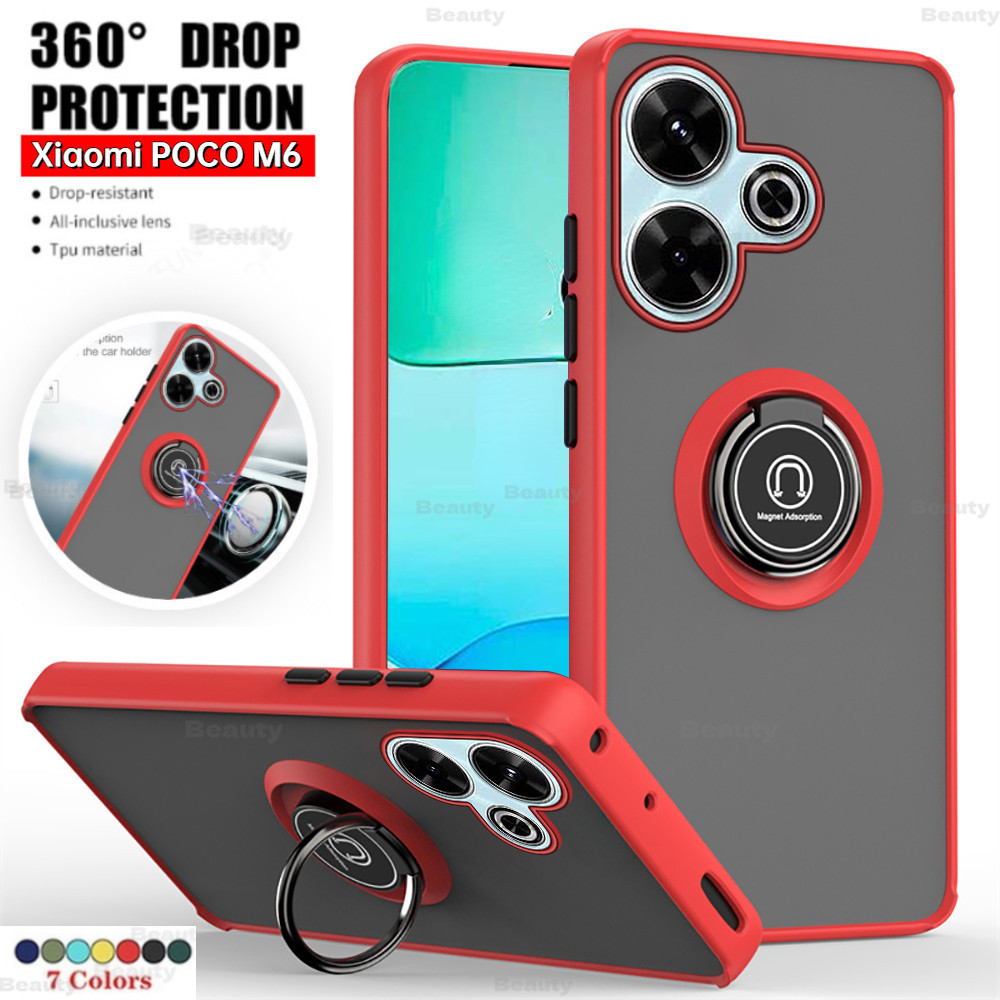 Xiaomi POCO M6 4G 2024 กรณีแม่เหล็กผู้ถือแหวนเคสโทรศัพท์สําหรับ POCO M6 Pro 4G Matte Armor TPU กันชน Hard PC Clear ฝาหลัง PocoM6Pro M6 Pro PocoM6 M6 M6 M6 POCO PocoM 6 POCOX6 Pro 5G